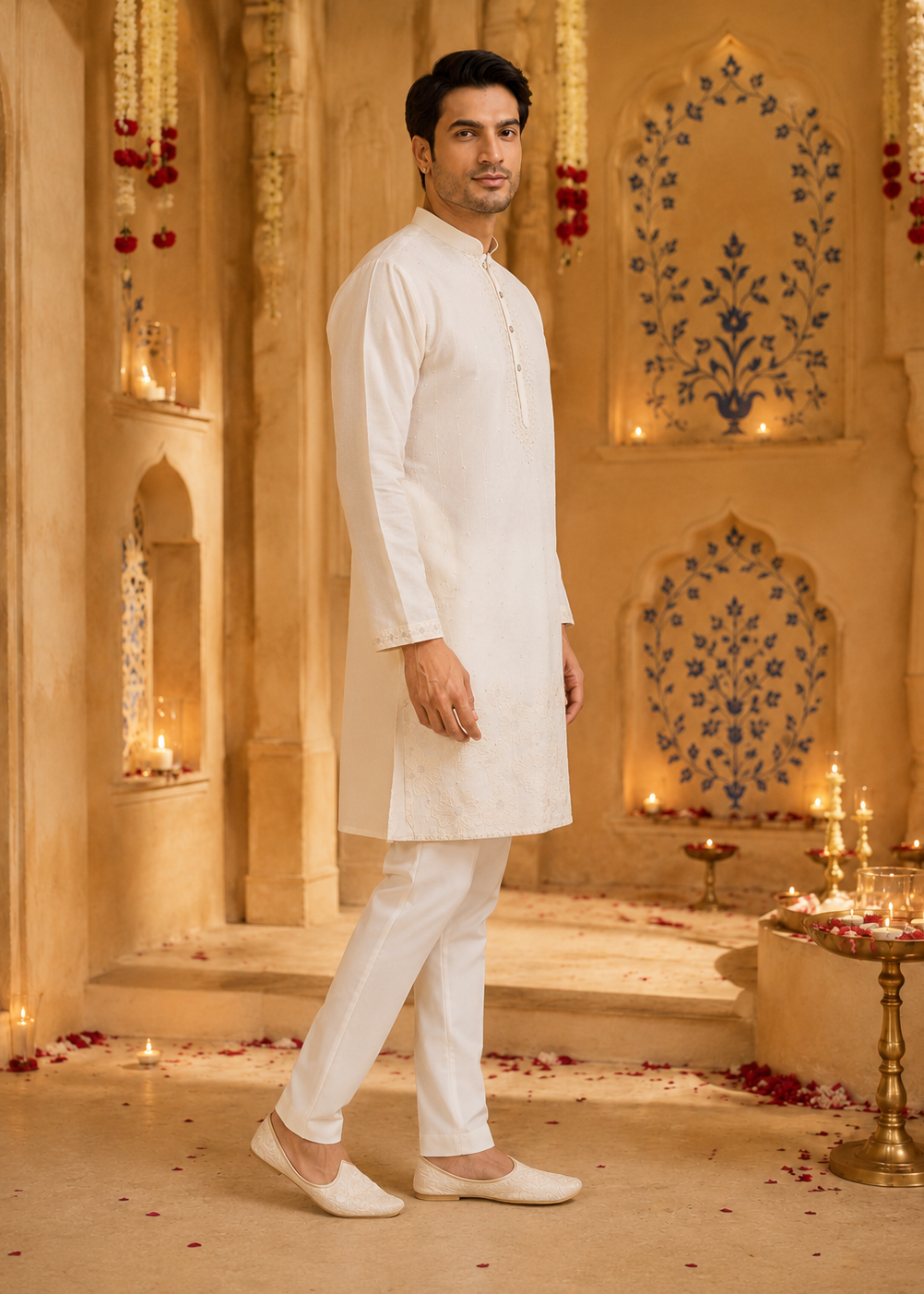 Men White Cream Embroidered  Festive Kurta Trouser Set