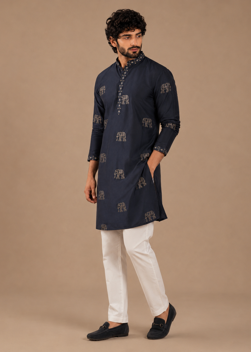 Men Navy Blue Elephant Embroidered Kurta Trouser Set
