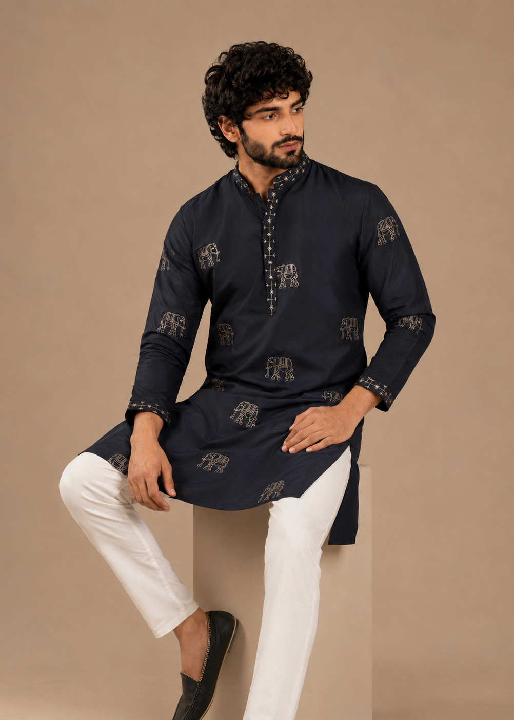 Men Navy Blue Elephant Embroidered Kurta Trouser Set