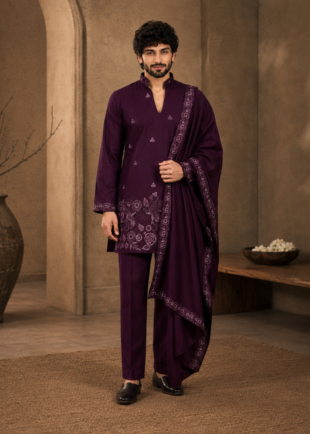 Men Plum Embroidered Kurta Trouser Set with Draped Dupatta