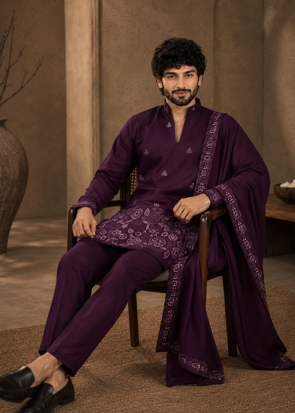 Men Plum Embroidered Kurta Trouser Set with Draped Dupatta