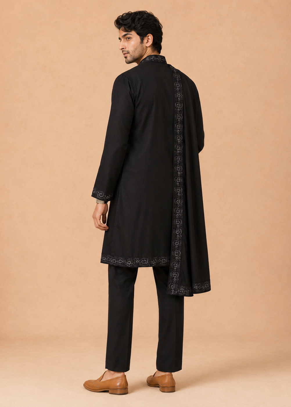 Men Black Embroidered Kurta Trouser Set with Draped Stole
