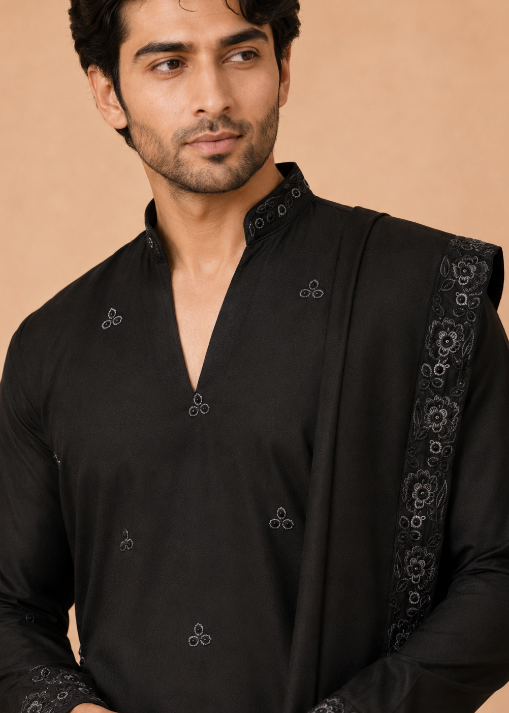 Men Black Embroidered Kurta Trouser Set with Draped Stole