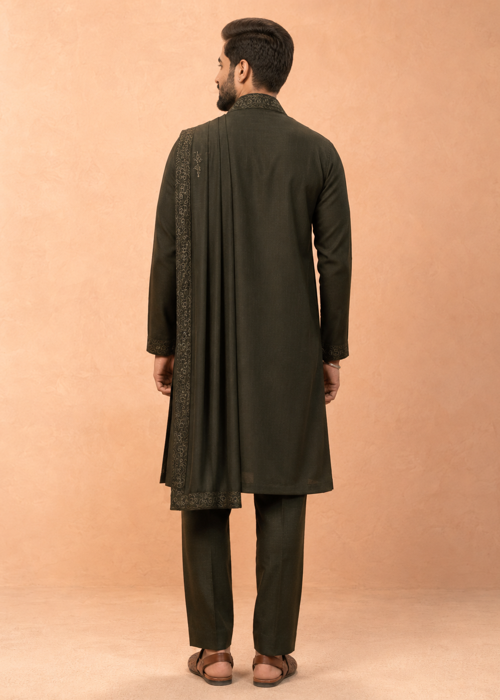 Men Olive Embroidered Kurta Trouser Set with Draped Dupatta