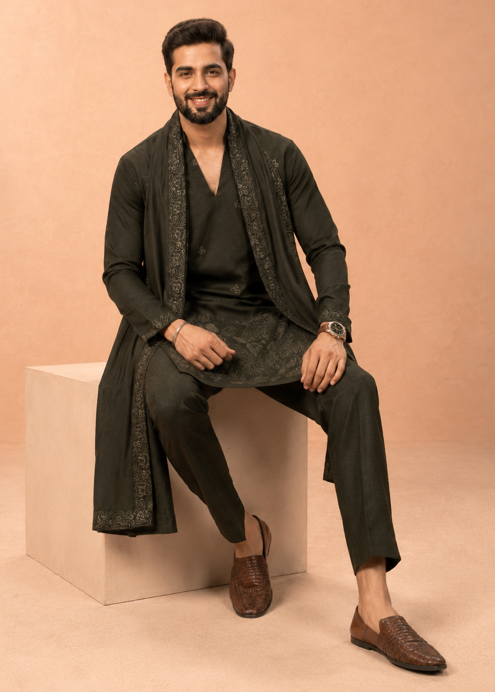 Men Olive Embroidered Kurta Trouser Set with Draped Dupatta