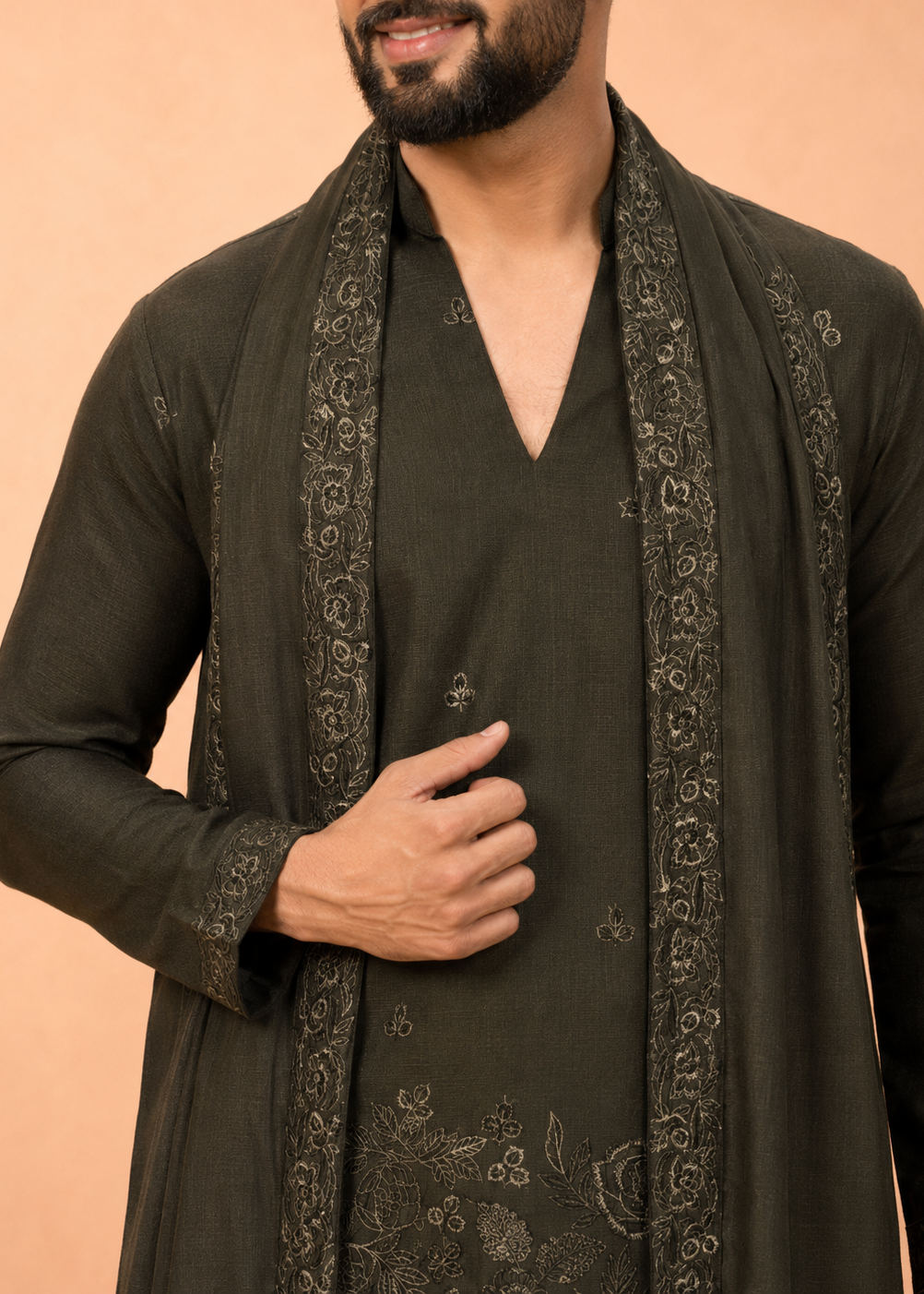 Men Olive Embroidered Kurta Trouser Set with Draped Dupatta