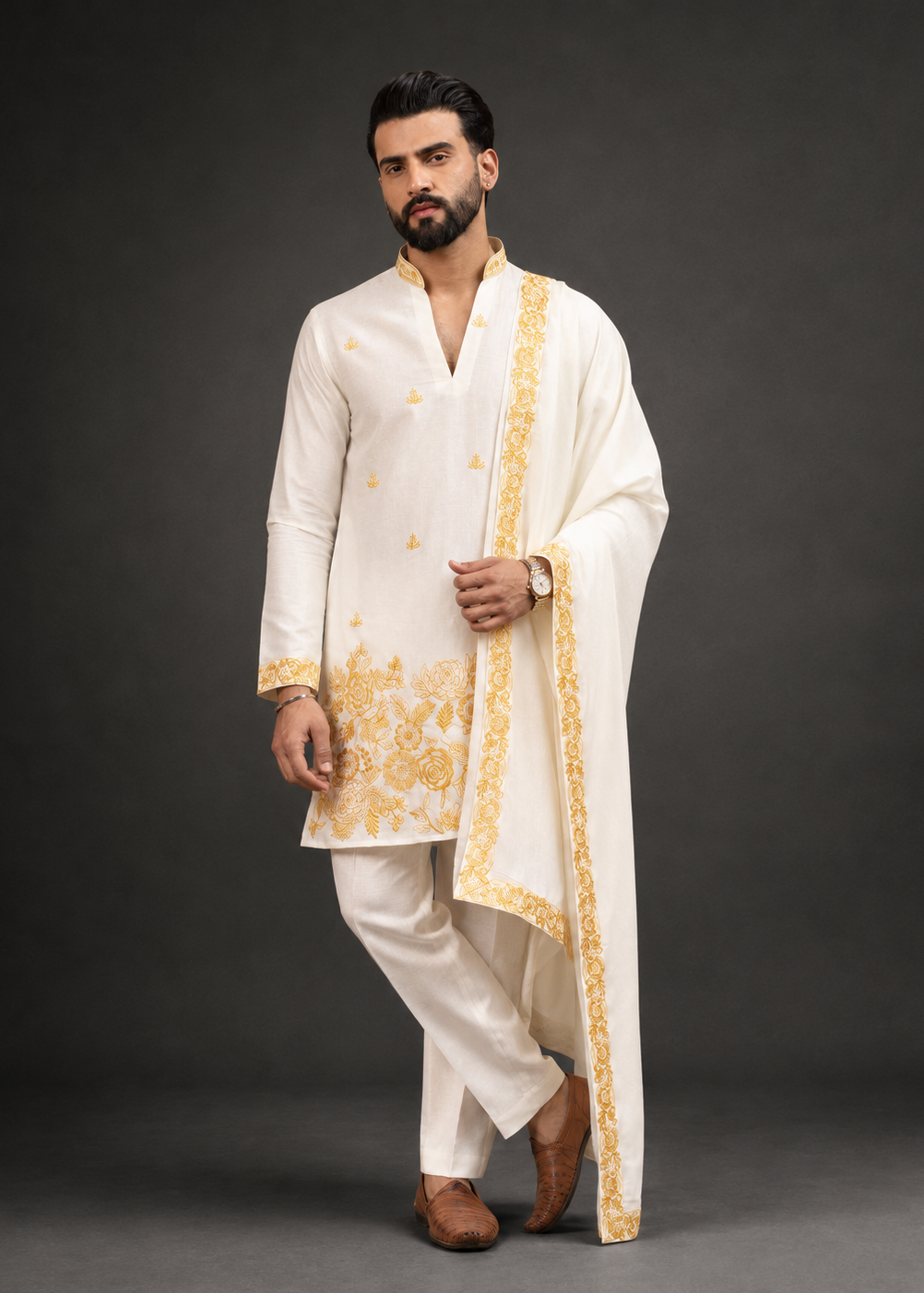 White Regal Gold Embroidered Kurta Trouser Set with Draped Dupatta