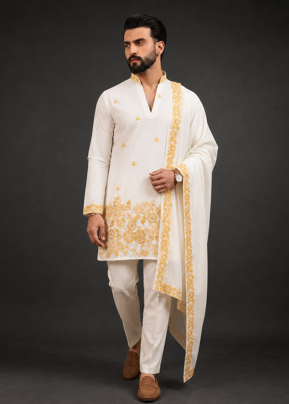 White Regal Gold Embroidered Kurta Trouser Set with Draped Dupatta
