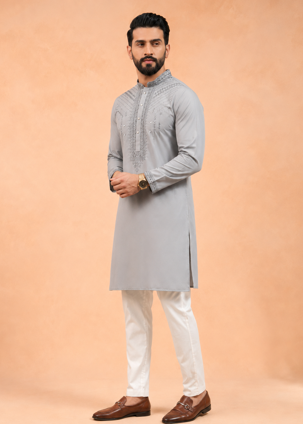 Men Grey Mirror Embroidered Men’s Kurta Trouser Set