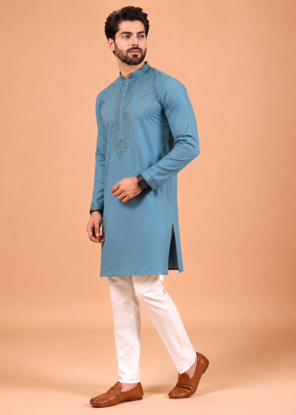 Men Blue Mirror Work Embroidered Kurta Trouser Set