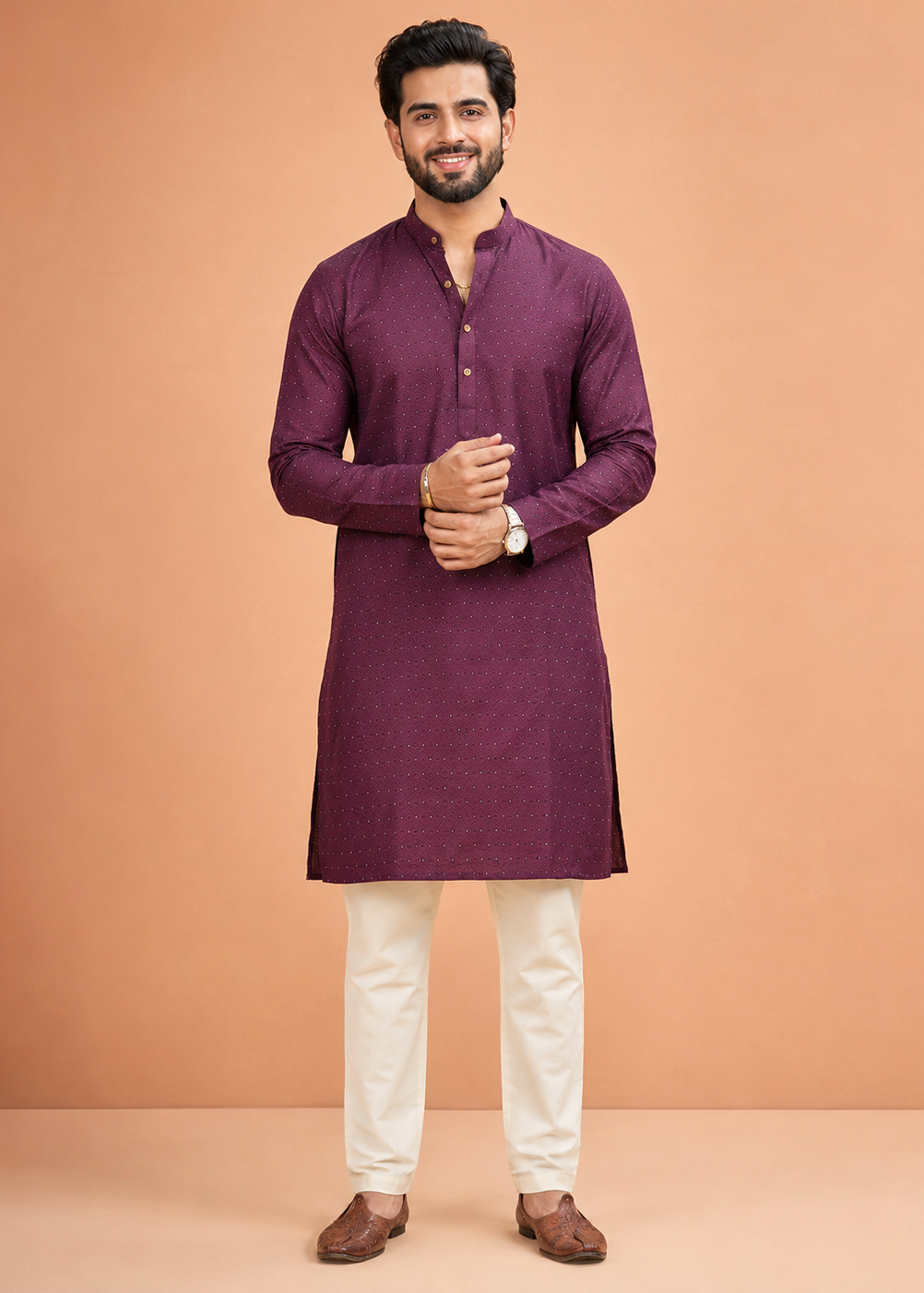 Men Purple Embellished Kurta Pant Set