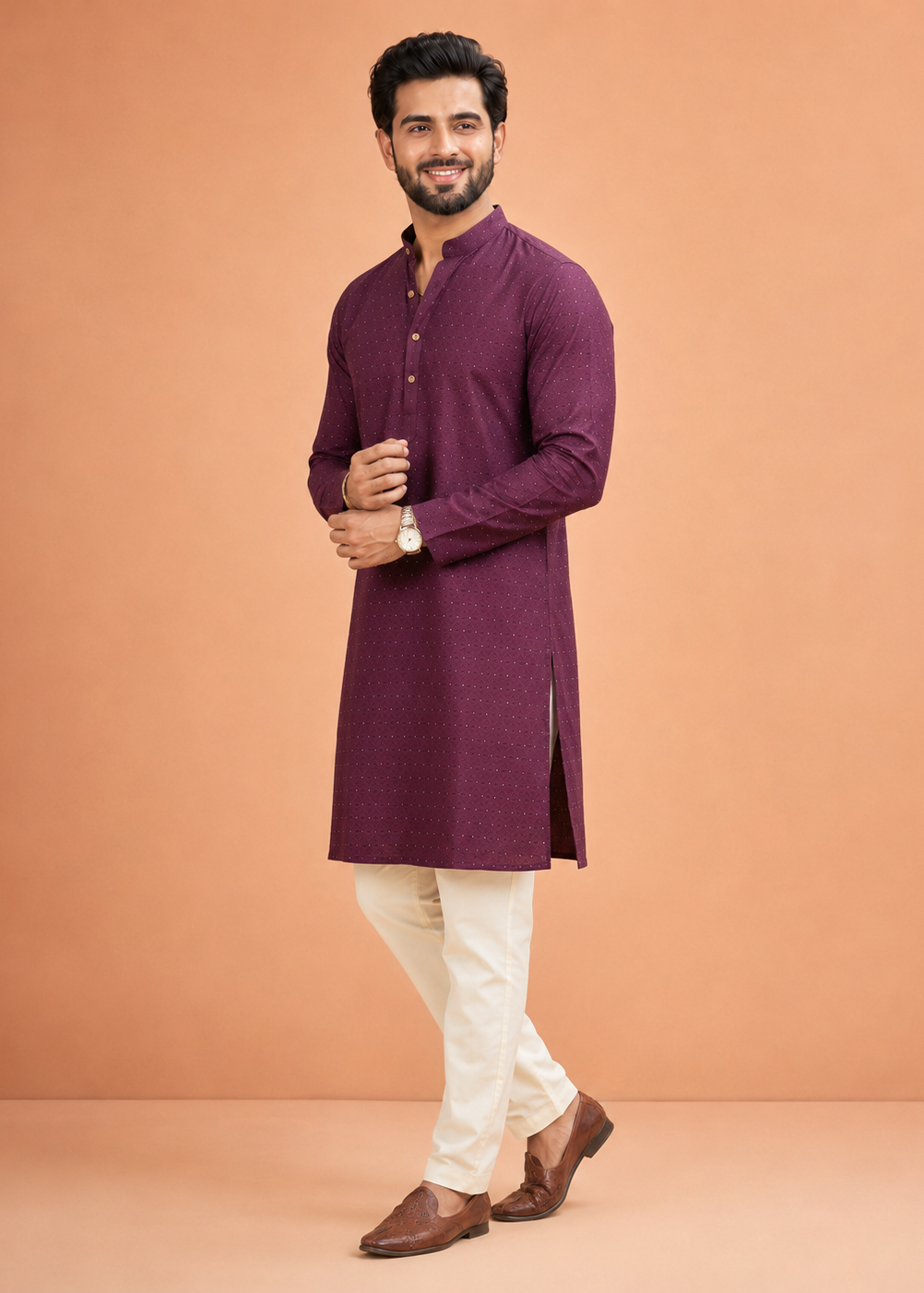 Men Purple Embellished Kurta Pant Set