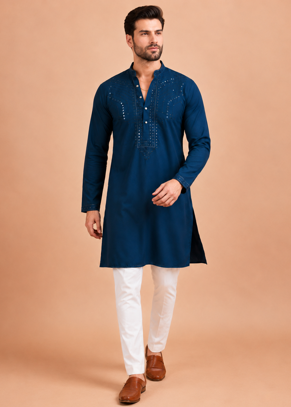 Men Teal Embellished Kurta Trouser Set
