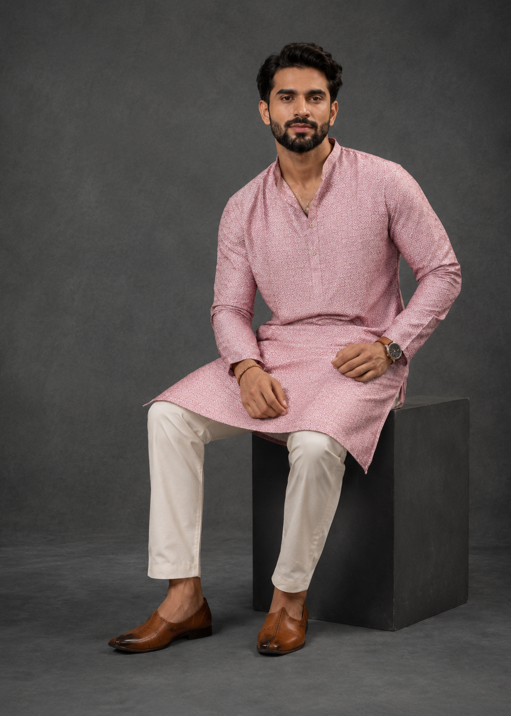 Men Rose Pink Festive Kurta Trouser Set