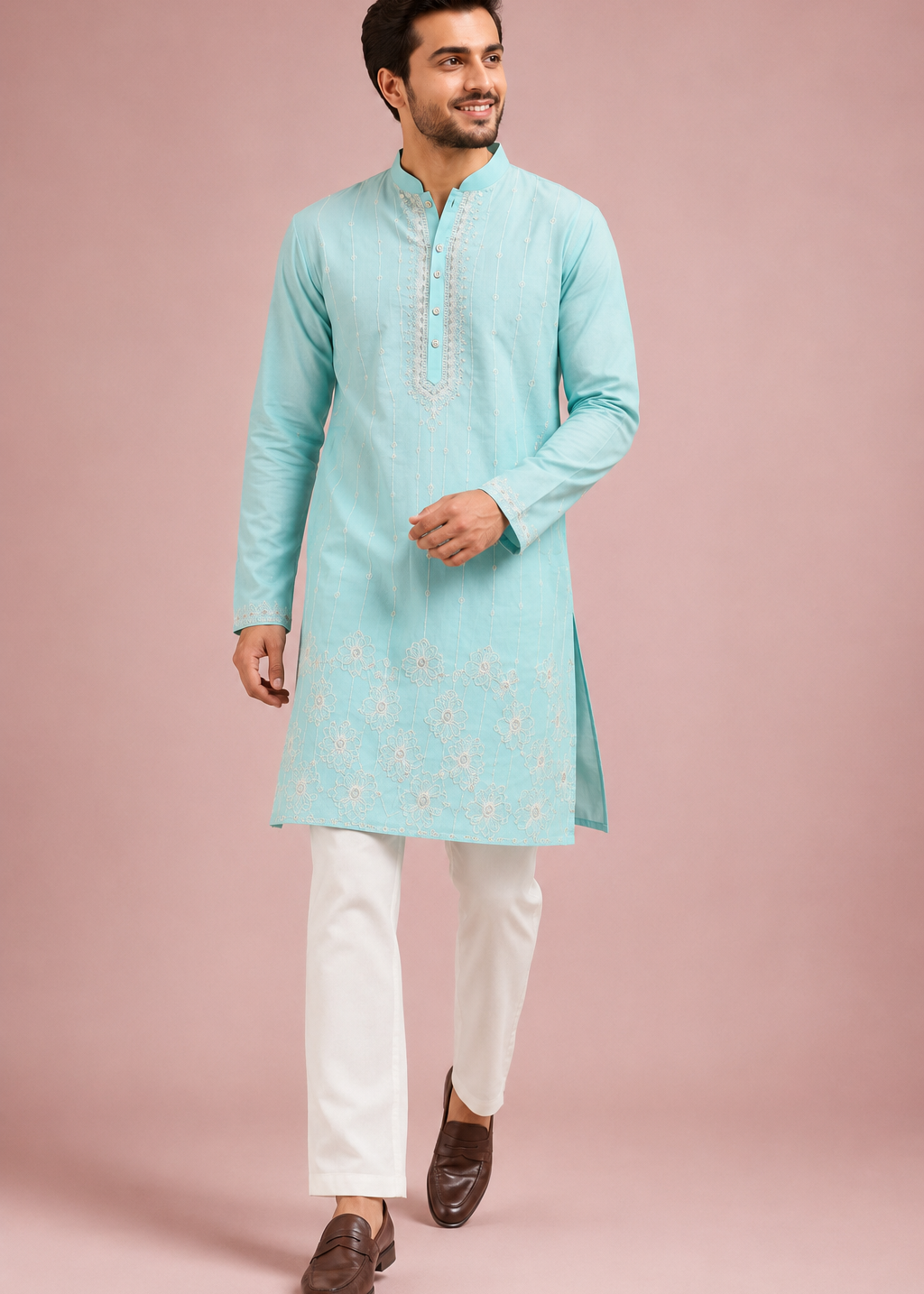 Blue Embroidered Men’s Kurta Set with White Trousers