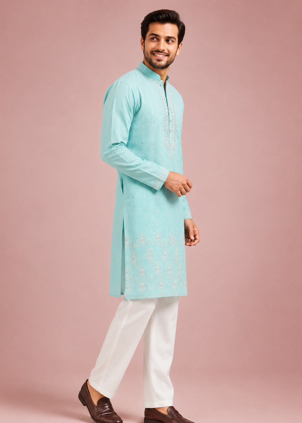 Blue Embroidered Men’s Kurta Set with White Trousers