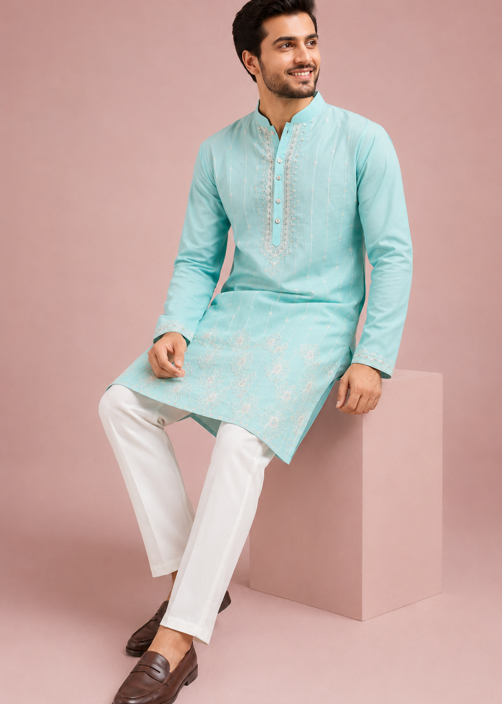 Blue Embroidered Men’s Kurta Set with White Trousers
