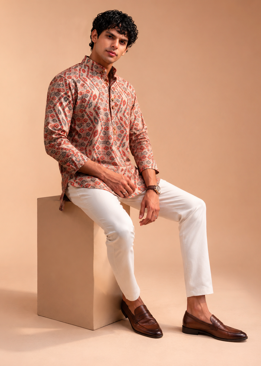 Beige Geometric Printed Short Kurta