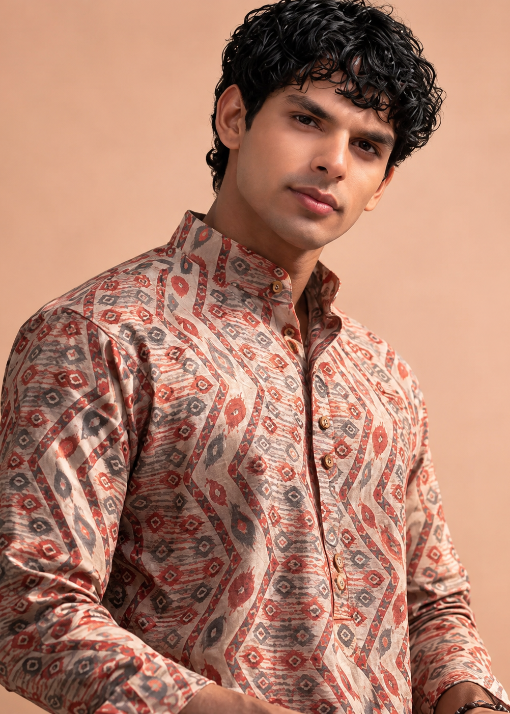 Beige Geometric Printed Short Kurta