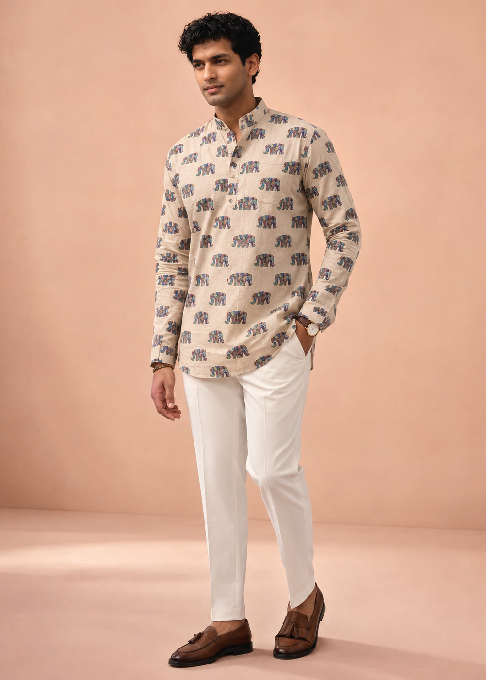 Elephant Print Men’s Short Kurta