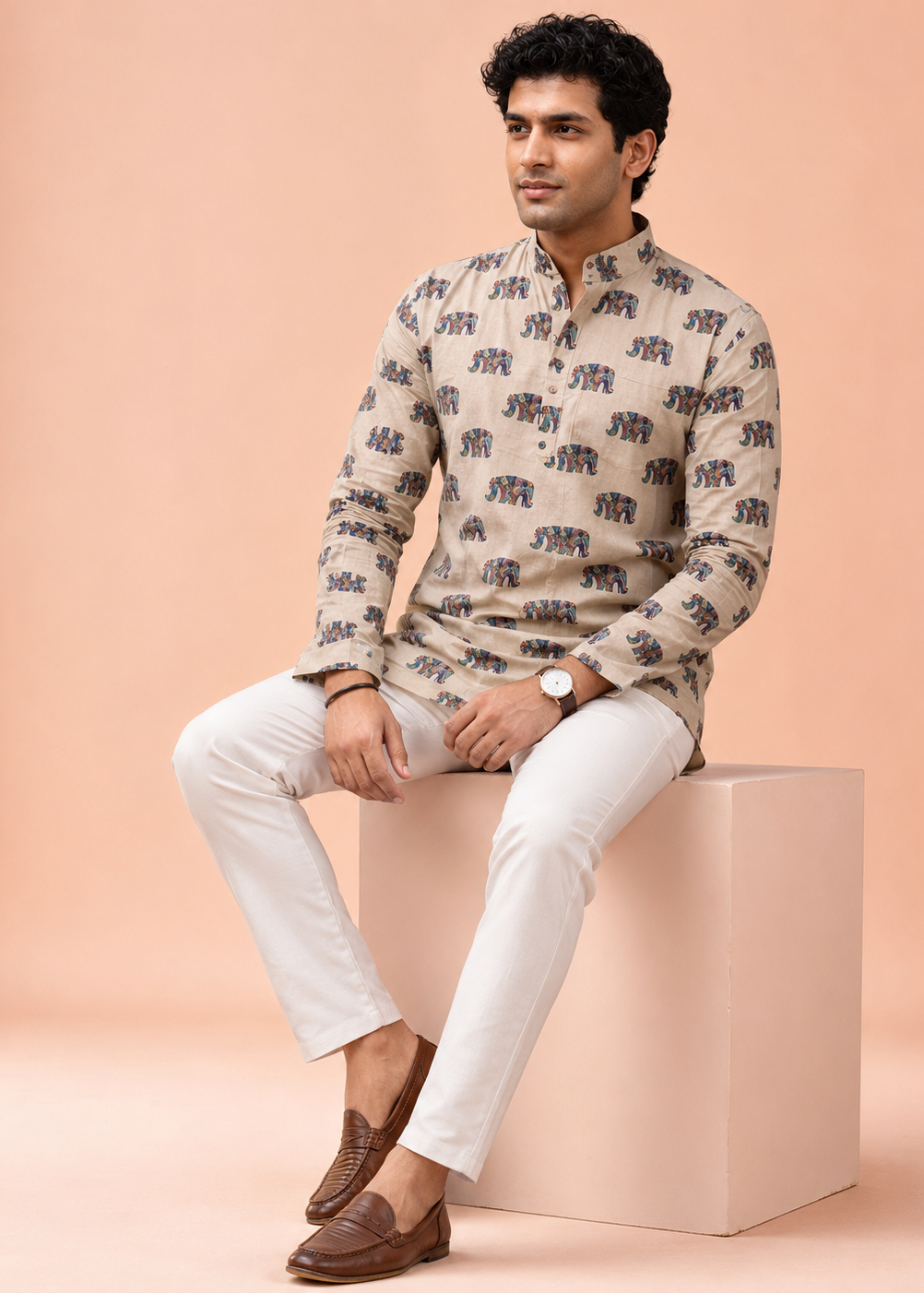 Elephant Print Men’s Short Kurta