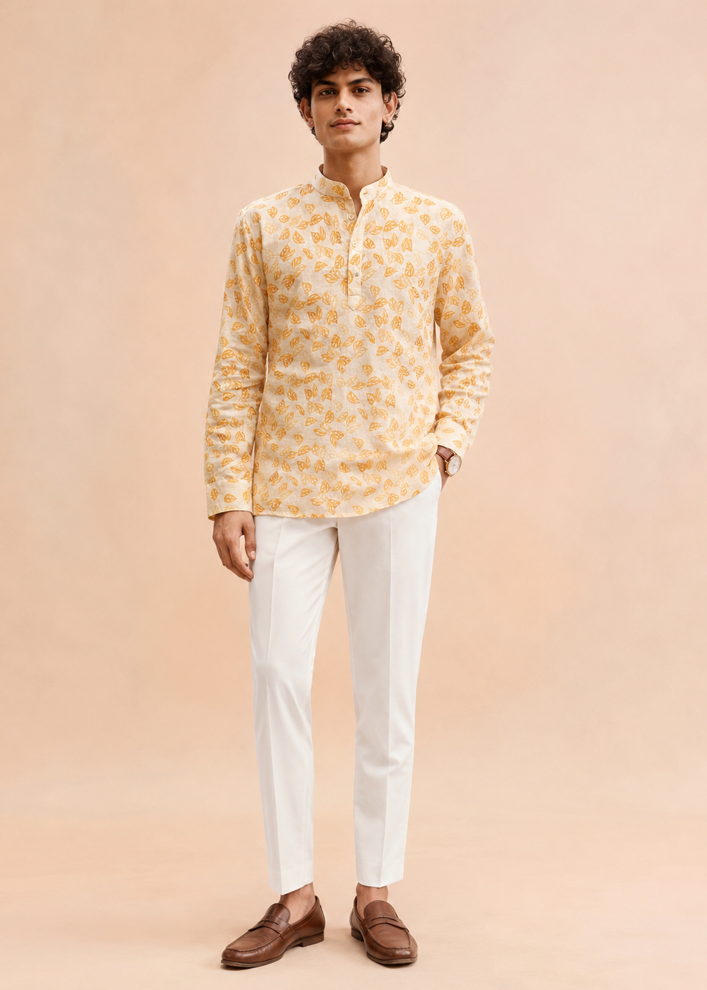 Cream Yellow Leaf Printed Short Kurta