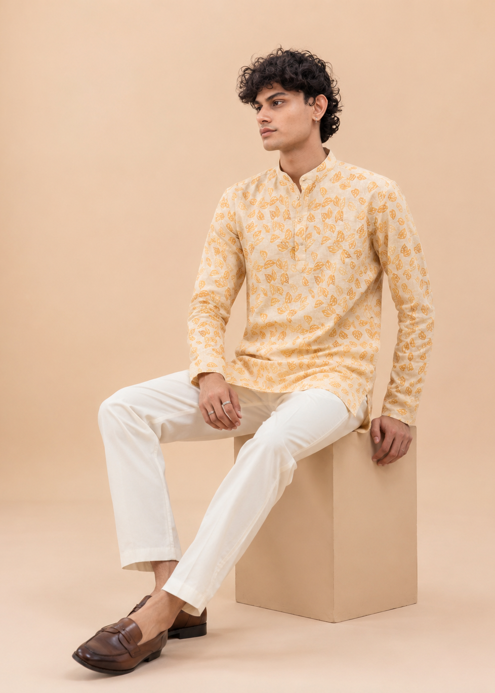 Cream Yellow Leaf Printed Short Kurta