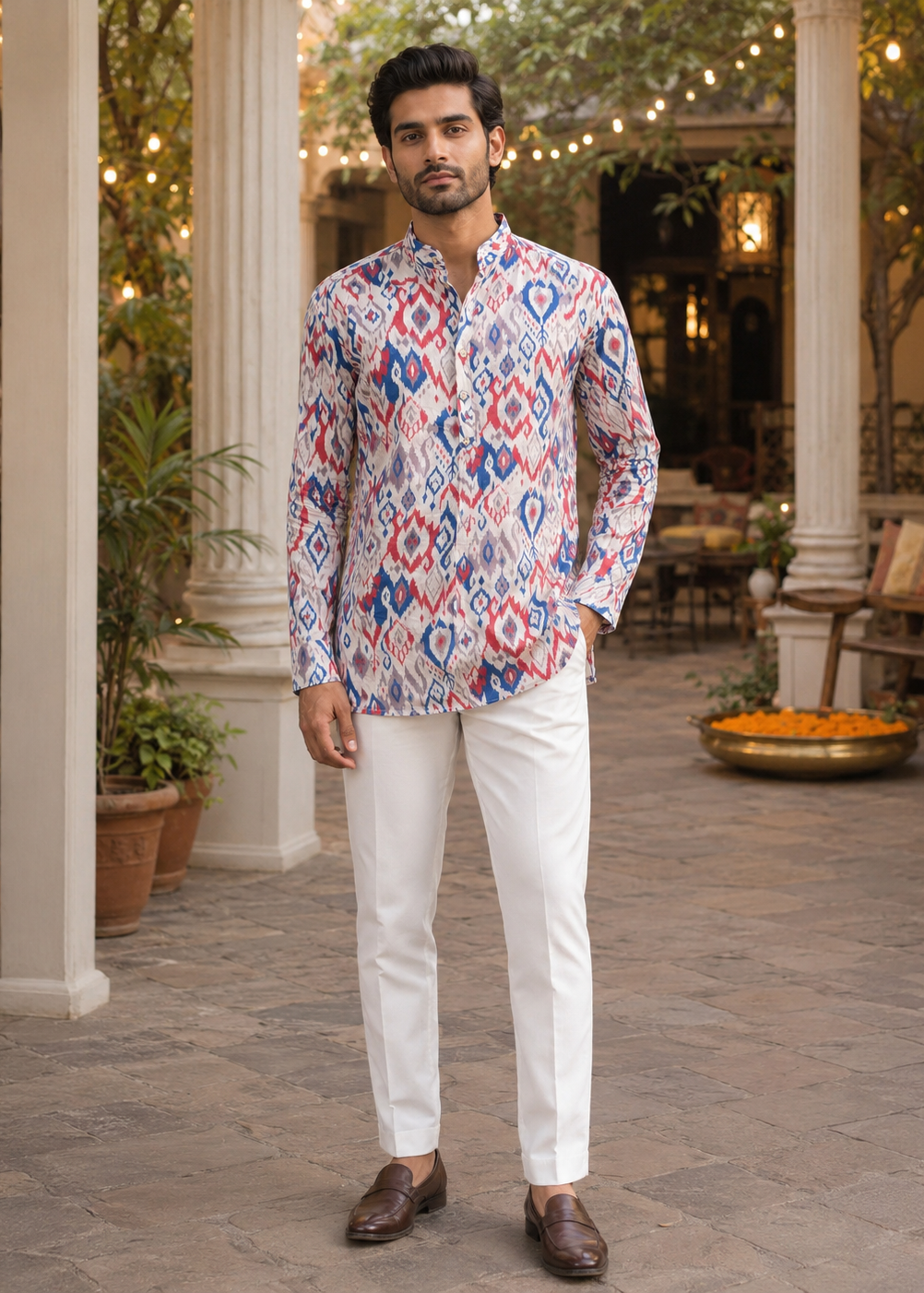 White Multicolor Ikat Printed Short Kurta
