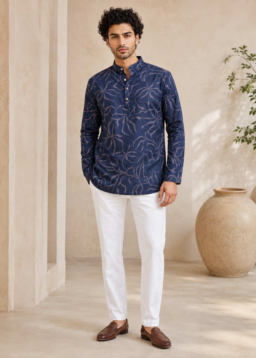 Navy Blue Floral Printed Short Kurta