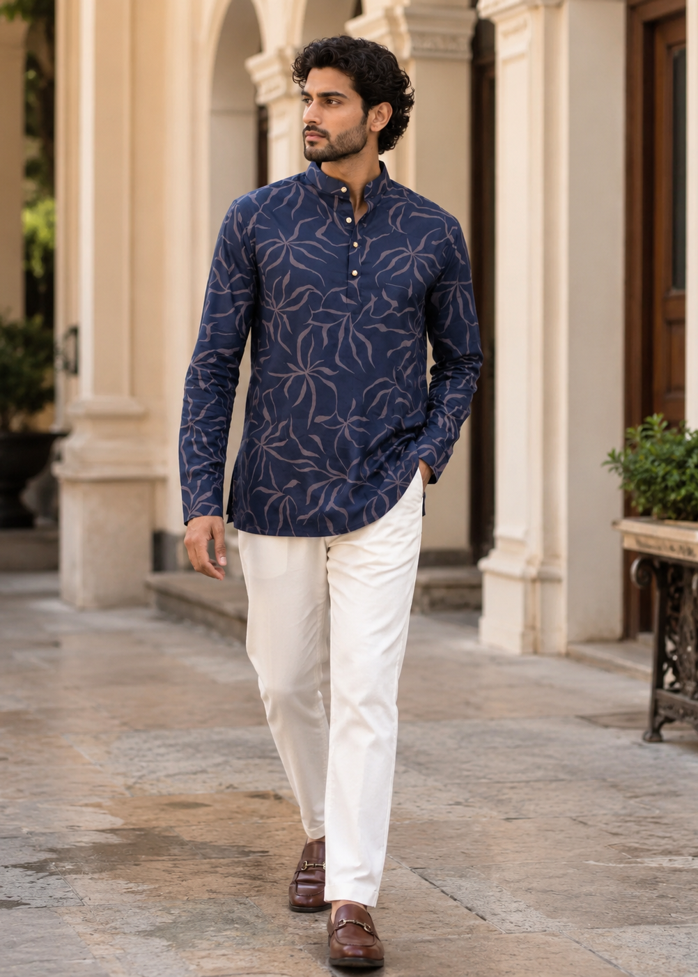 Navy Blue Floral Printed Short Kurta