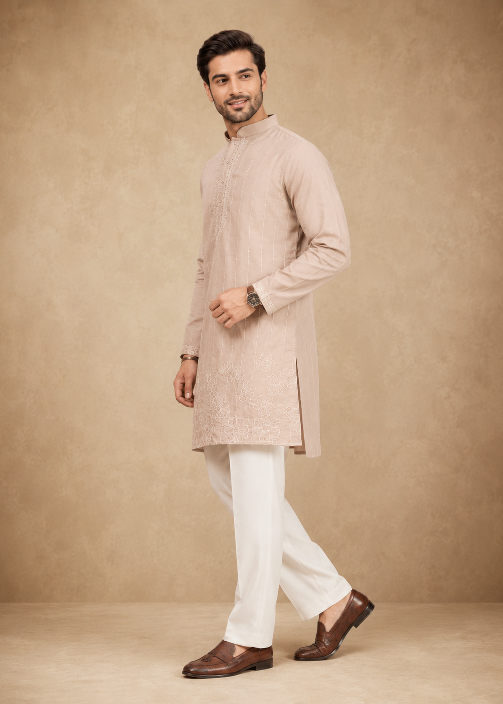 Men Beige Embroidered Kurta Set with White Trousers