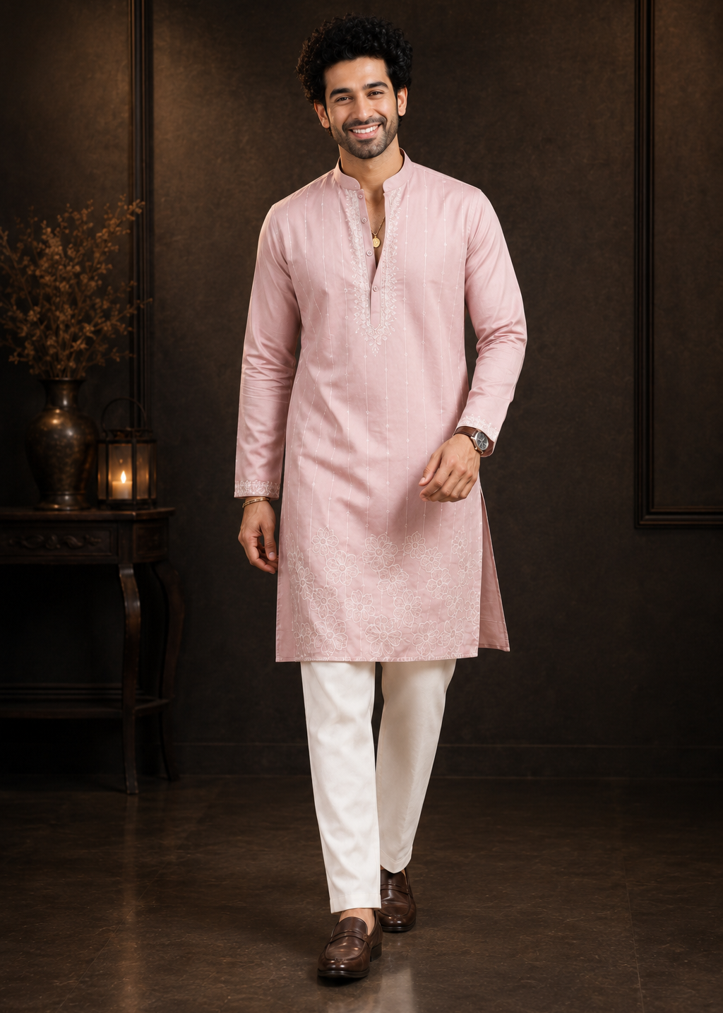 Men Blush Pink Embroidered Kurta Set with White Trouser