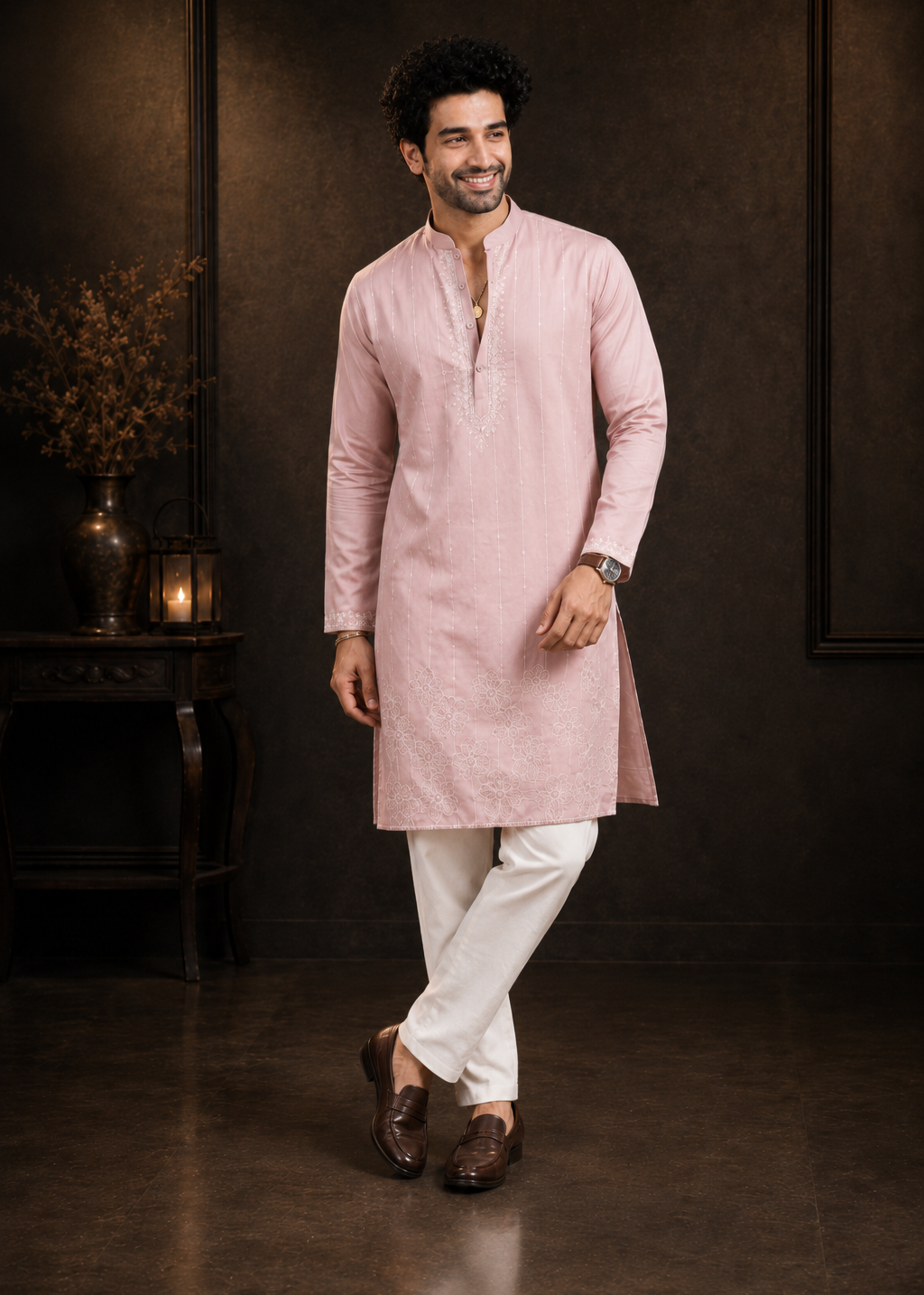 Men Blush Pink Embroidered Kurta Set with White Trouser