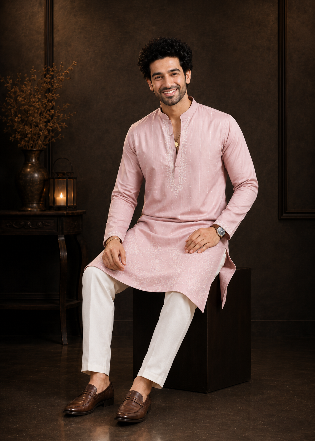 Men Blush Pink Embroidered Kurta Set with White Trouser