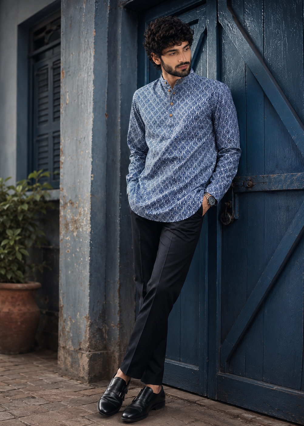 Men Blue Printed Short Kurta