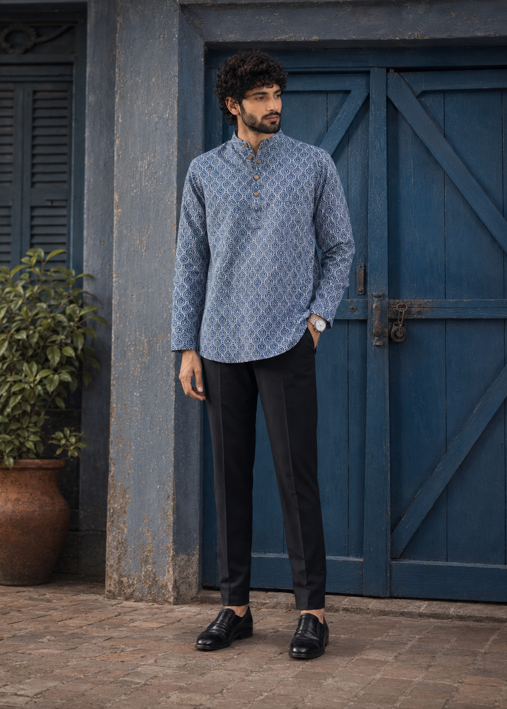 Men Blue Printed Short Kurta