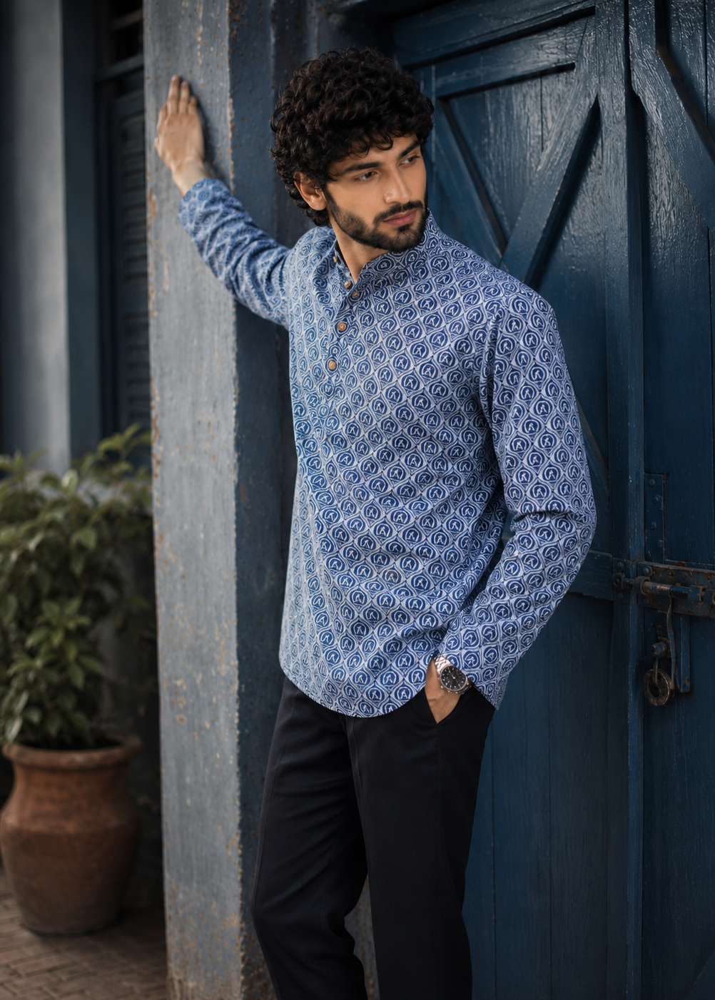 Men Blue Printed Short Kurta