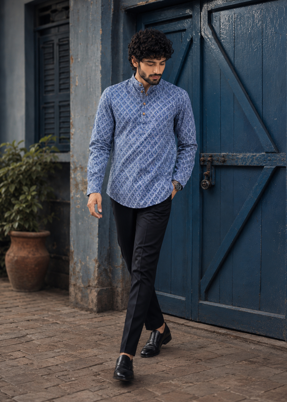 Men Blue Printed Short Kurta