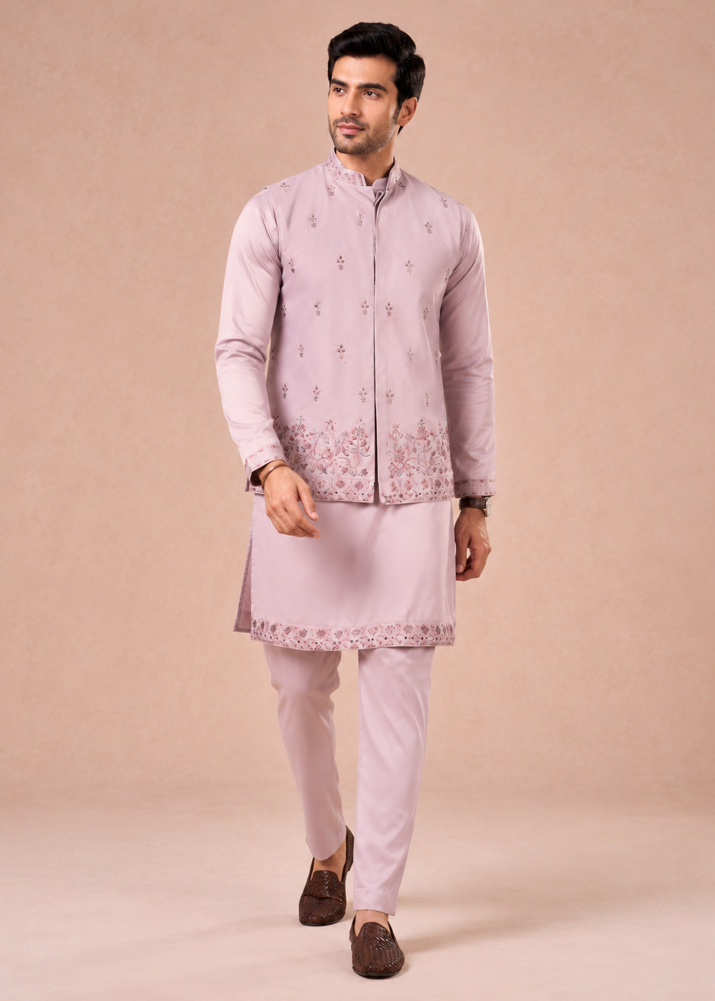 Pink Embroidered Kurta Jacket Trouser Set