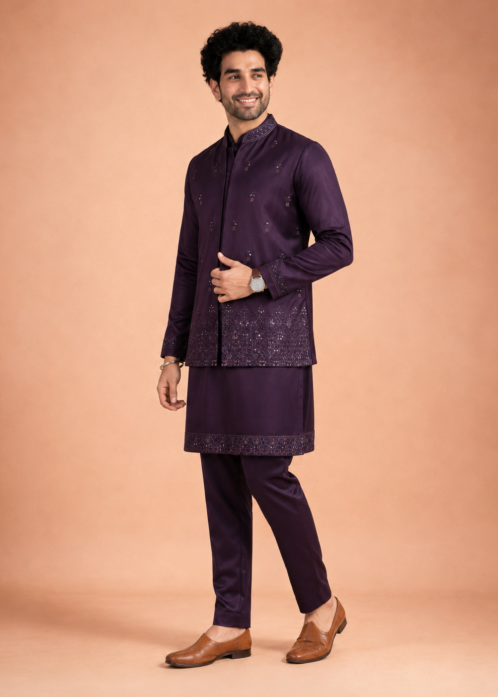 Men Plum Embroidered Nehru Jacket Kurta Pyjama Set