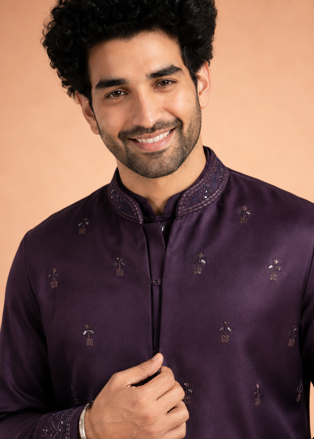 Men Plum Embroidered Nehru Jacket Kurta Pyjama Set