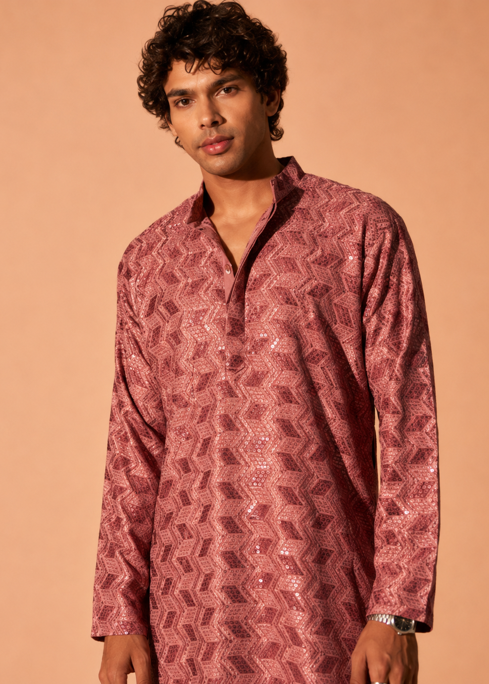 Men Dusty Rose Geometric Jacquard Kurta with White Pant