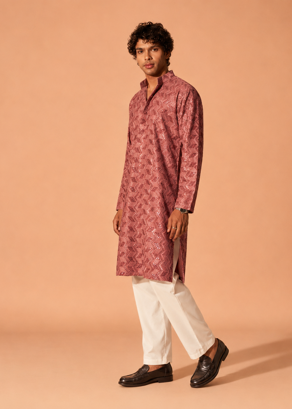 Men Dusty Rose Geometric Jacquard Kurta with White Pant