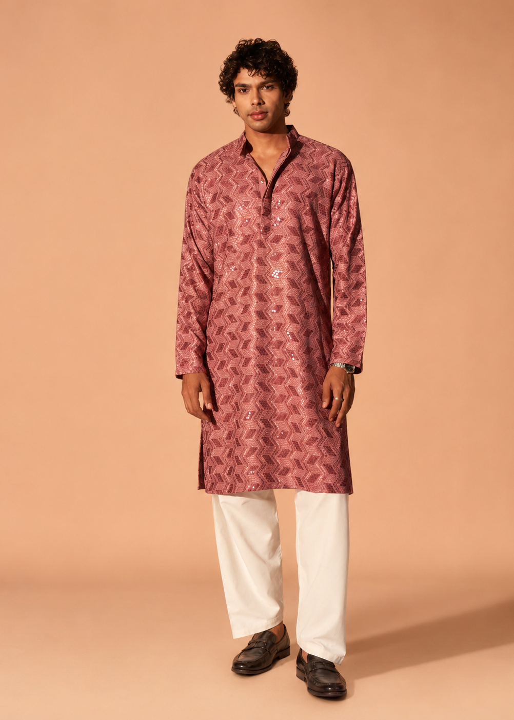 Men Dusty Rose Geometric Jacquard Kurta with White Pant