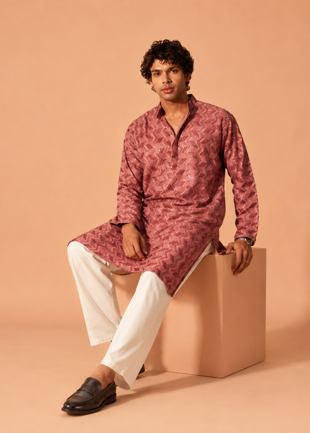 Men Dusty Rose Geometric Jacquard Kurta with White Pant