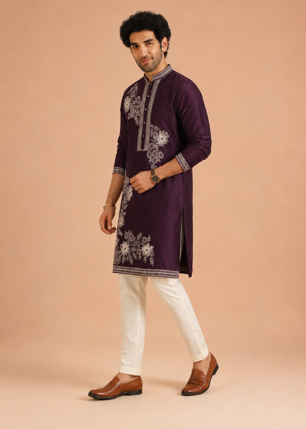 Plum Floral Embroidered Kurta Set