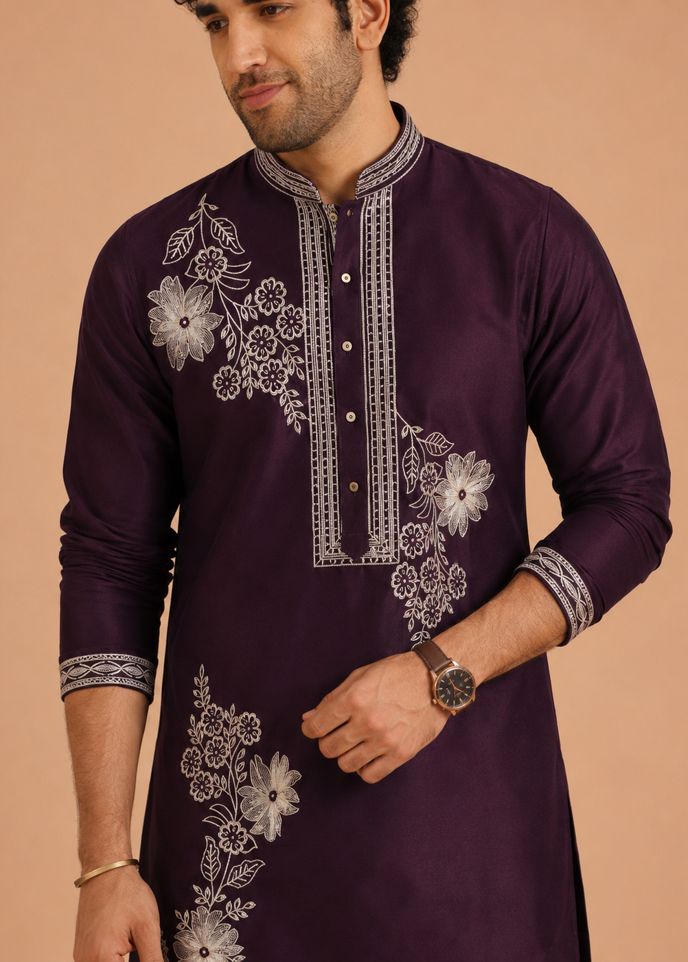 Plum Floral Embroidered Kurta Set