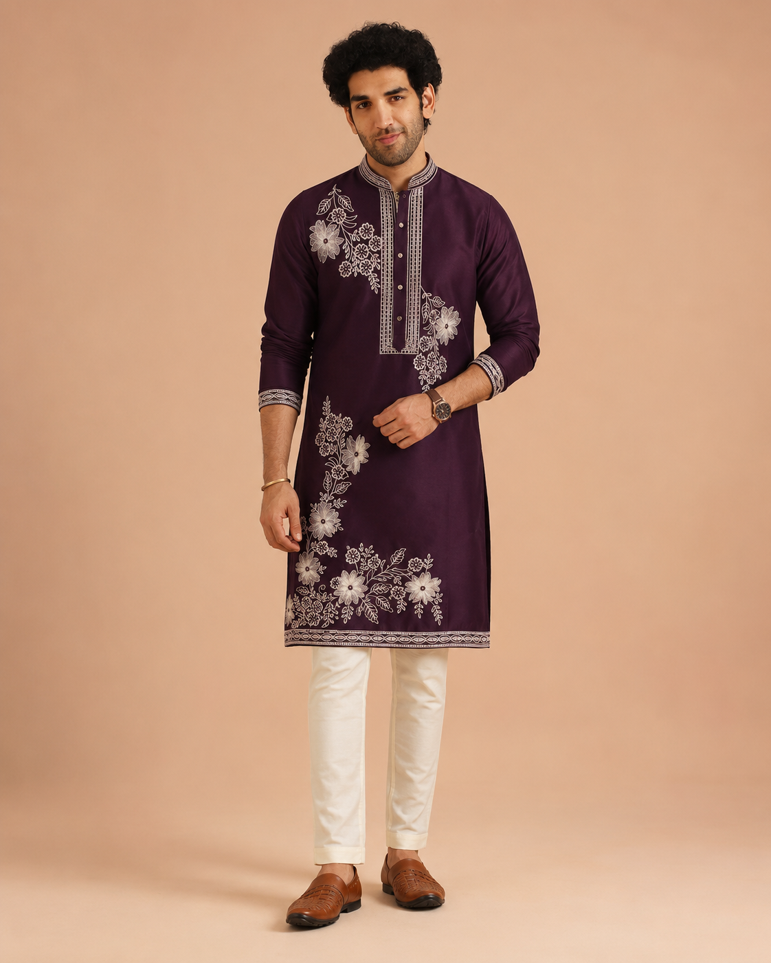 Plum Floral Embroidered Kurta Set