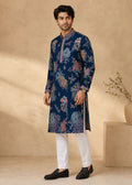 Navy Blue Floral Printed Kurta Trousers Set
