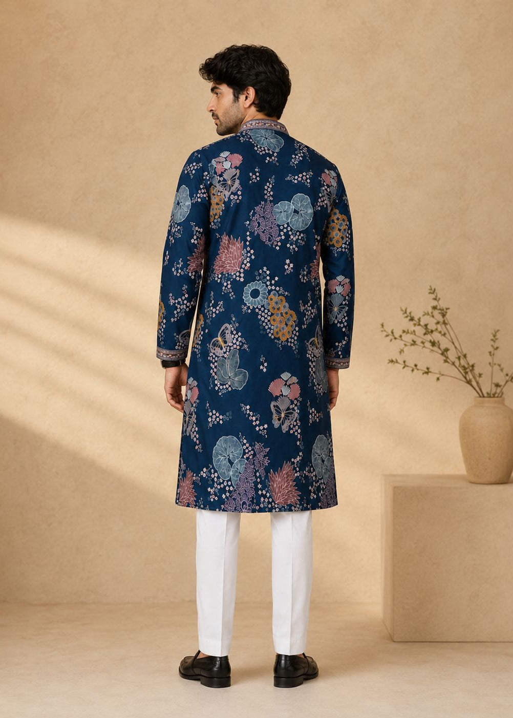 Navy Blue Floral Printed Kurta Trousers Set